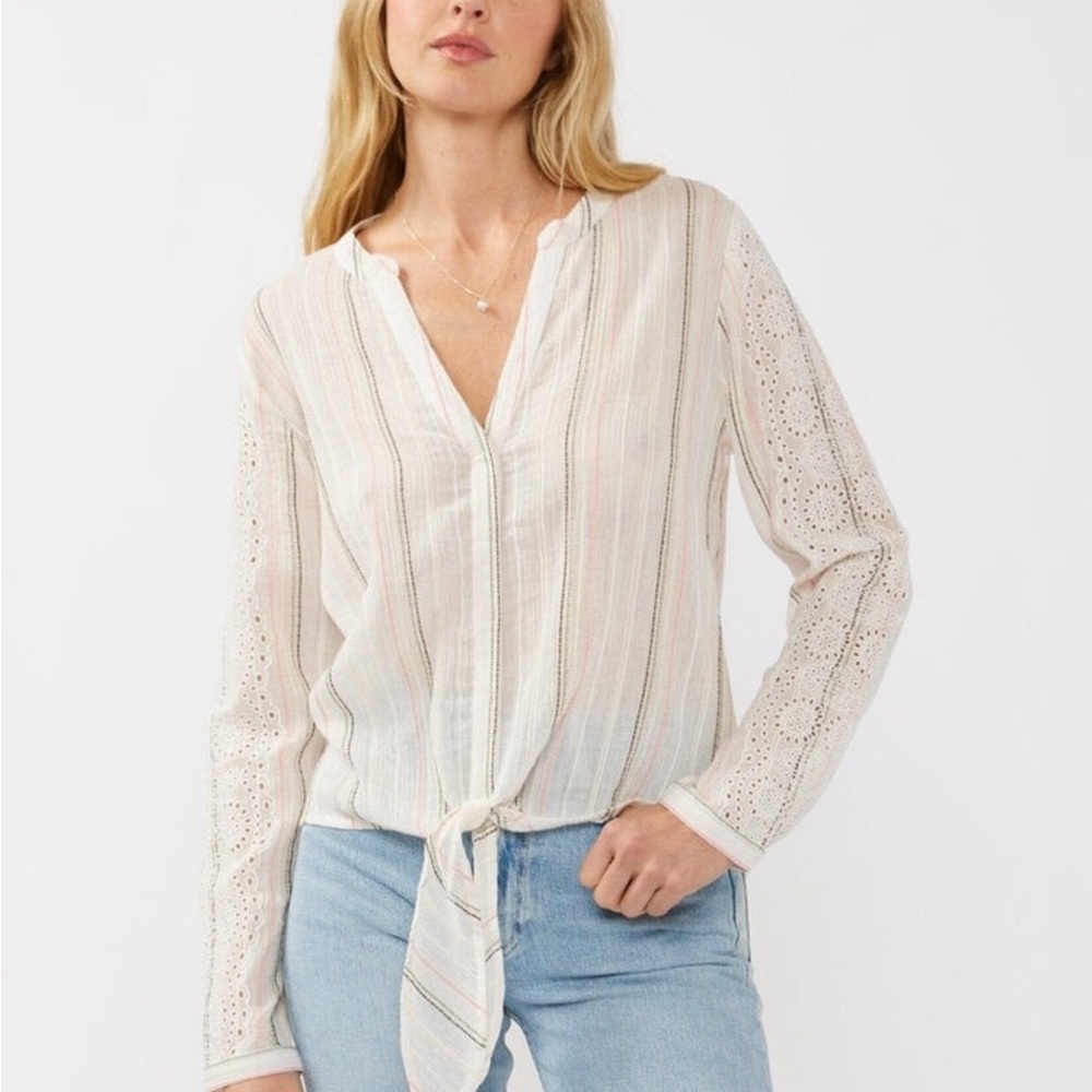 Lovestitch Jessie Striped Tie Front Top – Embroidered Boho Blouse NWT